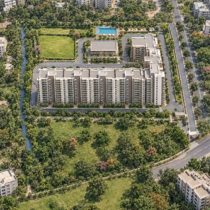 Urbanrise Whitefield aerial view of five residential wings, a club house and a pool on a landscaped site in Hagadur, Whitefield, artist's impression Urbanrise Whitefield aerial view of five residential wings, a club house and a pool on a landscaped site in Hagadur, Whitefield, artist's impression