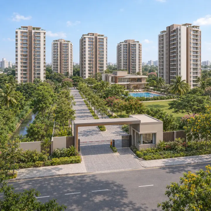 Urbanrise Whitefield entrance gate and driveway with the towers behind, artist's impression Urbanrise Whitefield entrance gate and driveway with the towers behind, artist's impression