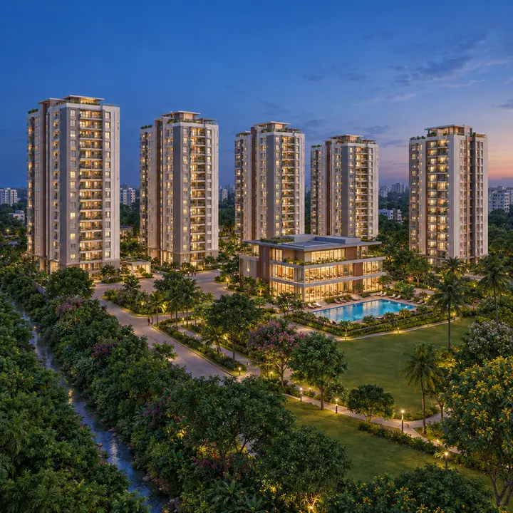 Urbanrise Whitefield residential towers lit at dusk above landscaped grounds, artist's impression Urbanrise Whitefield residential towers lit at dusk above landscaped grounds, artist's impression