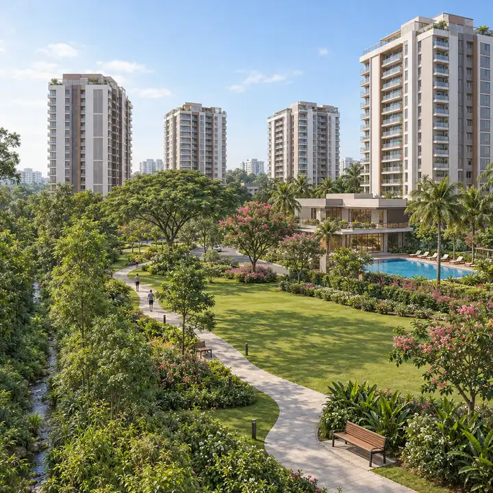 Urbanrise Whitefield landscaped park with a walking path and shade trees, artist's impression Urbanrise Whitefield landscaped park with a walking path and shade trees, artist's impression