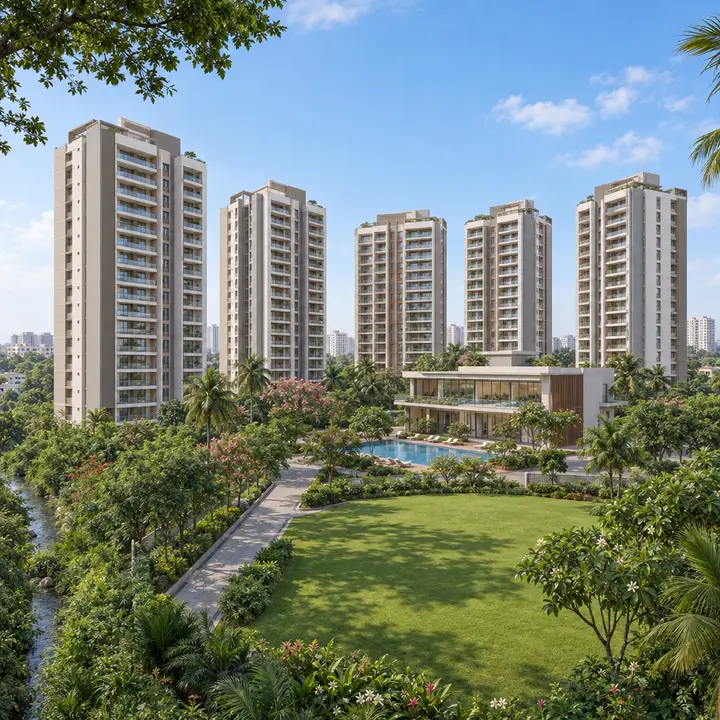Urbanrise Whitefield residential towers seen from the landscaped garden, artist's impression Urbanrise Whitefield residential towers seen from the landscaped garden, artist's impression